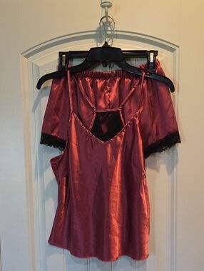 Black Lace Satin Cheibear Sleep Cami & Shorts Set - Dark Mauve